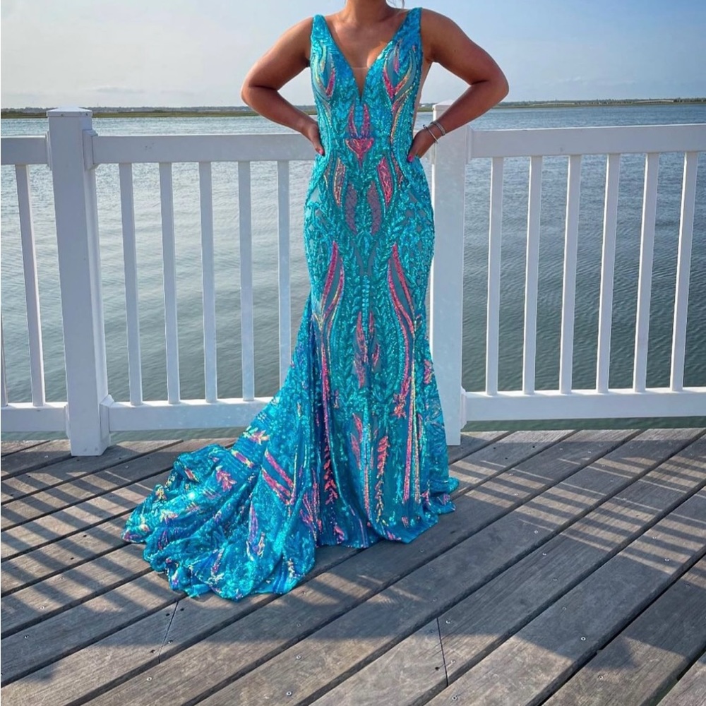 Jovani Prom 22770 Iridescent Hot Pink Plunging Neck Dress